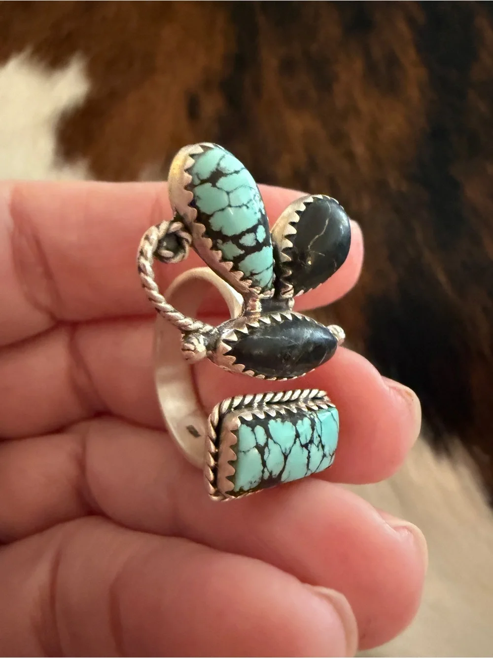 ❤️ Rare Blue Moon Butterfly Turquoise Sterling 925 Floater Ring Adjustable 7.5+